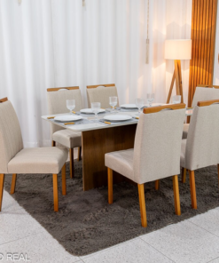 Mesa de Jantar Moscou 160x80 Vidro Off/Base Cinamomo Minas Plac + 6 Cad. Isabela Linho Bege 01 Madeira KM Decor - Entregue Montada
