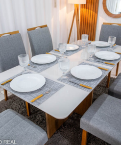 Alternative view of Mesa de Jantar Moscou 160x80 Vidro Off/Base Cinamomo Minas Plac + 6 Cad. Isabela Linho Cinza 05 Madeira KM Decor - Entregue Montada