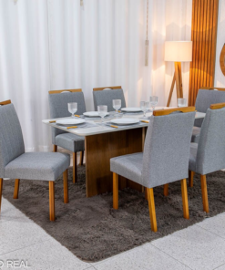 Mesa de Jantar Moscou 160x80 Vidro Off/Base Cinamomo Minas Plac + 6 Cad. Isabela Linho Cinza 05 Madeira KM Decor - Entregue Montada