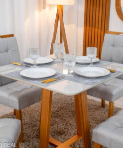 Mesa de Jantar Bali 90×90 Vidro Off/Base Madeira + 4 Cad. Londres Linho Prata Madeira Minas Plac - Entregue Montada - Imagem 2