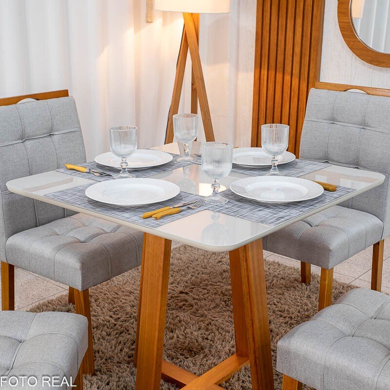 Mesa de Jantar Bali 90×90 Vidro Off/Base Madeira + 4 Cad. Londres Linho Prata Madeira Minas Plac - Entregue Montada - Imagem 2
