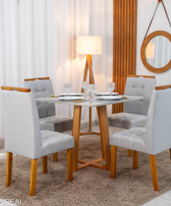 Mesa de Jantar Bali 90×90 Vidro Off/Base Madeira + 4 Cad. Londres Linho Prata Madeira Minas Plac - Entregue Montada - Imagem 3