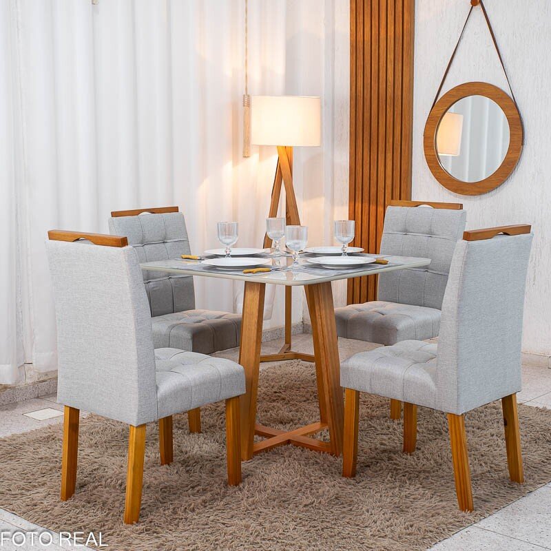 Mesa de Jantar Bali 90×90 Vidro Off/Base Madeira + 4 Cad. Londres Linho Prata Madeira Minas Plac - Entregue Montada - Imagem 3