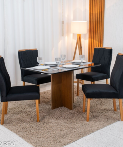 Mesa de Jantar Moscou 120x80 Vidro Off/Base Cinamomo - Minas Plac + 4 Cad. Cadeiras Lisboa Veludo Preto 504 Madeira Art Assento - Entregue Montada