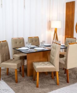 Mesa de Jantar Moscou 160x80 Vidro Preto/Base Cinamomo + 6 Cad. Londres Veludo Avelã Madeira Minas Plac - Entregue Montada