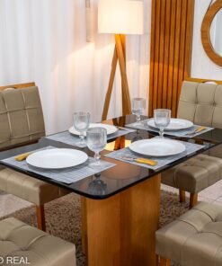 Mesa de Jantar Moscou 120x80 Vidro Preto/Base Cinamomo + 4 Cad. Londres Veludo Avelã Madeira Minas Plac - Entregue Montada - Imagem 2