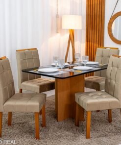 Mesa de Jantar Moscou 120x80 Vidro Preto/Base Cinamomo + 4 Cad. Londres Veludo Avelã Madeira Minas Plac - Entregue Montada