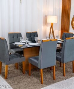 Mesa de Jantar Moscou 160x80 Vidro Preto/Base Cinamomo + 6 Cad. Londres Veludo Chumbo Madeira Minas Plac - Entregue Montada - Imagem 3