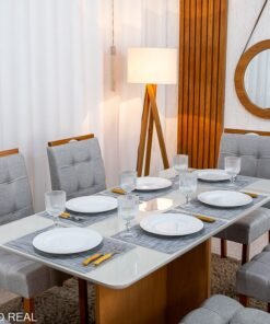 Alternative view of Mesa de Jantar Moscou 160x80 Vidro Off/Base Cinamomo + 6 Cad. Londres Linho Prata Madeira Minas Plac - Entregue Montada