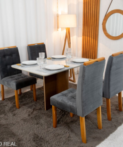Mesa de Jantar Moscou 120x80 Vidro Off/Base Cinamomo + 4 Cad. Londres Veludo Chumbo Madeira Minas Plac - Entregue Montada