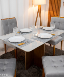 Alternative view of Mesa de Jantar Moscou 120x80 Vidro Off/Base Cinamomo + 4 Cad. Londres Veludo Prata Madeira Minas Plac - Entregue Montada