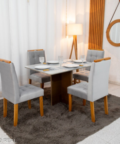 Mesa de Jantar Moscou 120x80 Vidro Off/Base Cinamomo + 4 Cad. Londres Veludo Prata Madeira Minas Plac - Entregue Montada
