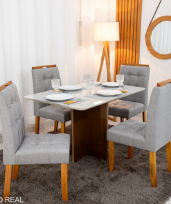 Mesa de Jantar Moscou 120x80 Vidro Off/Base Cinamomo + 4 Cad. Londres Linho Cinza Madeira Minas Plac - Entregue Montada