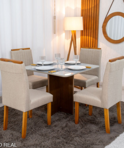 Mesa de Jantar Moscou 90x90 Vidro Off/Base Cinamomo + 4 Cad. Atlanta Linho Bege Cru Madeira Minas Plac - Entregue Montada