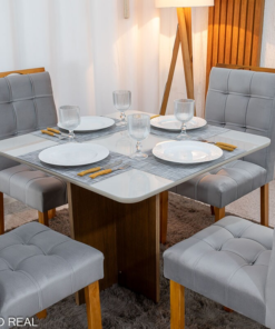 Alternative view of Mesa de Jantar Moscou 90x90 Vidro Off/Base Cinamomo + 4 Cad. Londres Veludo Prata Madeira Minas Plac - Entregue Montada