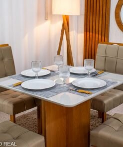 Mesa de Jantar Moscou 90x90 Vidro Off/Base Cinamomo + 4 Cad. Londres Veludo Avelã Madeira Minas Plac - Entregue Montada - Imagem 2