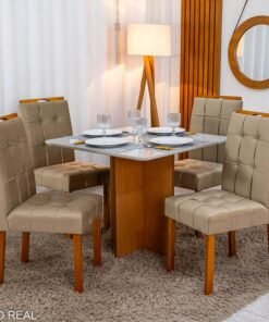 Mesa de Jantar Moscou 90x90 Vidro Off/Base Cinamomo + 4 Cad. Londres Veludo Avelã Madeira Minas Plac - Entregue Montada - Imagem 3