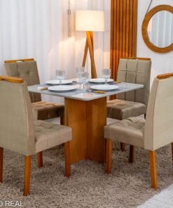 Mesa de Jantar Moscou 90x90 Vidro Off/Base Cinamomo + 4 Cad. Londres Veludo Avelã Madeira Minas Plac - Entregue Montada