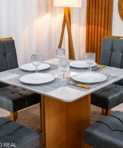 Mesa de Jantar Moscou 90x90 Vidro Off/Base Cinamomo + 4 Cad. Londres Veludo Chumbo Madeira Maciça Minas Plac - Entregue Montada - Imagem 2