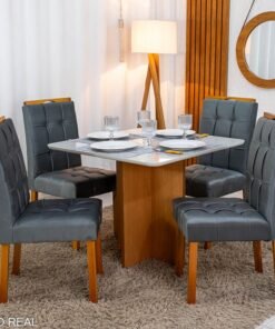Mesa de Jantar Moscou 90x90 Vidro Off/Base Cinamomo + 4 Cad. Londres Veludo Chumbo Madeira Maciça Minas Plac - Entregue Montada
