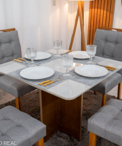 Mesa de Jantar Moscou 90x90 Vidro Off/Base Cinamomo + 4 Cad. Londres Linho Cinza Madeira Minas Plac - Entregue Montada - Imagem 2