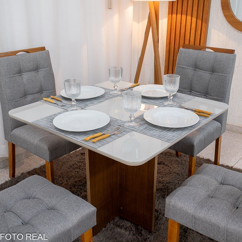 Mesa de Jantar Moscou 90x90 Vidro Off/Base Cinamomo + 4 Cad. Londres Linho Cinza Madeira Minas Plac - Entregue Montada - Imagem 2