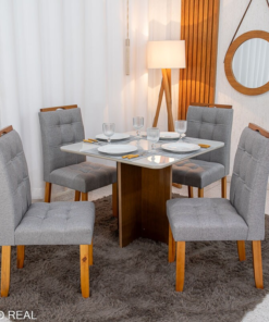 Mesa de Jantar Moscou 90x90 Vidro Off/Base Cinamomo + 4 Cad. Londres Linho Cinza Madeira Minas Plac - Entregue Montada - Imagem 3