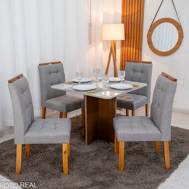 Mesa de Jantar Moscou 90x90 Vidro Off/Base Cinamomo + 4 Cad. Londres Linho Cinza Madeira Minas Plac - Entregue Montada - Imagem 3