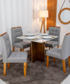 Mesa de Jantar Moscou 90x90 Vidro Off/Base Cinamomo + 4 Cad. Londres Linho Cinza Madeira Minas Plac - Entregue Montada