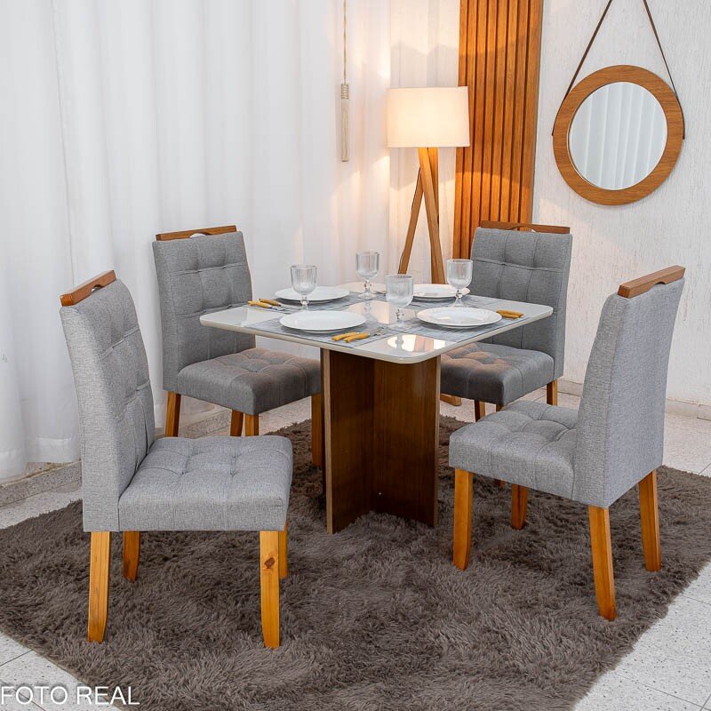 Mesa de Jantar Moscou 90x90 Vidro Off/Base Cinamomo + 4 Cad. Londres Linho Cinza Madeira Minas Plac - Entregue Montada