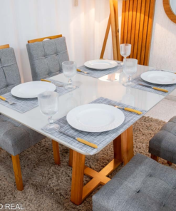 Alternative view of Mesa de Jantar Bali 120×80 Vidro Off/Base Madeira + 4 Cad. Londres Linho Cinza Madeira Minas Plac - Entregue Montada