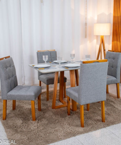 Mesa de Jantar Bali 120×80 Vidro Off/Base Madeira + 4 Cad. Londres Linho Cinza Madeira Minas Plac - Entregue Montada