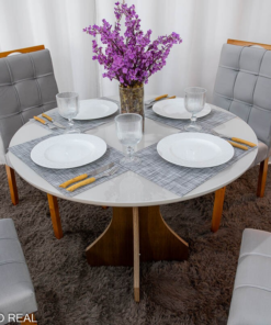 Mesa de Jantar Siena Redonda 100cm Vidro Off/Base Cinamomo + 4 Cad. Londres Veludo Prata Madeira Minas Plac - Entregue Montada - Imagem 2