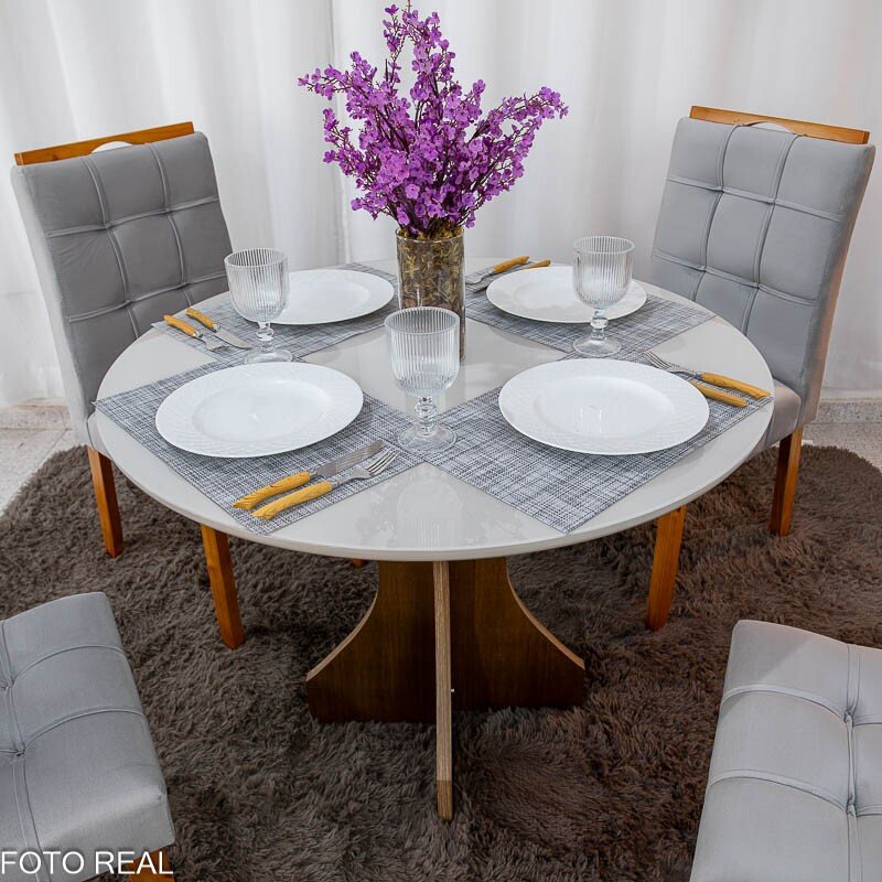 Mesa de Jantar Siena Redonda 100cm Vidro Off/Base Cinamomo + 4 Cad. Londres Veludo Prata Madeira Minas Plac - Entregue Montada - Imagem 2
