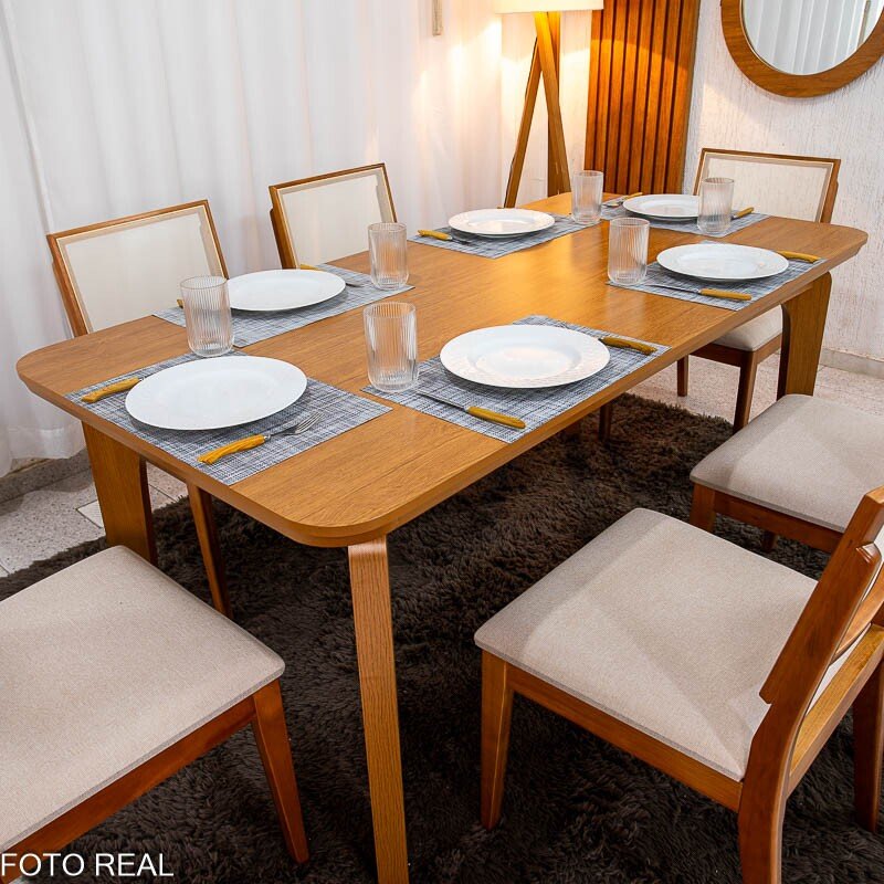 Mesa de Jantar Londrina 180x90 Cinamomo Rufato + 6 Cad. Dubai Linho Bege Madeira - Art Assento - Imagem 2