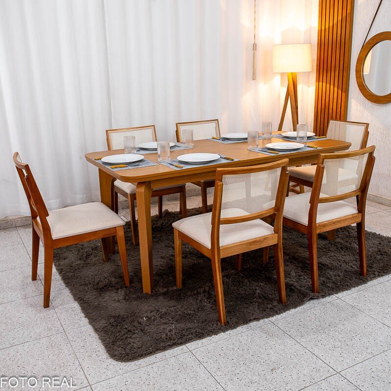 Mesa de Jantar Londrina 180x90 Cinamomo Rufato + 6 Cad. Dubai Linho Bege Madeira - Art Assento - Imagem 3