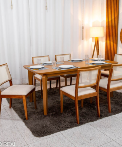Mesa de Jantar Londrina 180x90 Cinamomo Rufato + 6 Cad. Dubai Linho Bege Madeira - Art Assento