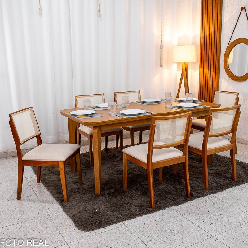 Mesa de Jantar Londrina 180x90 Cinamomo Rufato + 6 Cad. Dubai Linho Bege Madeira - Art Assento