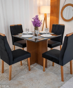 Mesa de Jantar Helo 90×90 Vidro Preto/Base Mel Poliman + 4 Cad. Lisboa Veludo Preto 504 Madeira - Art Assento
