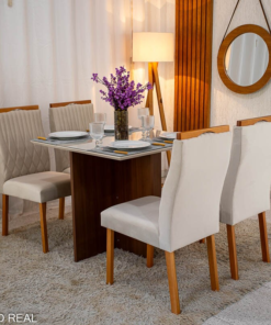 Mesa de Jantar Helo 90×90 Vidro Off/Base Mel Poliman + 4 Cad. Genova Veludo Bege 512 Madeira - Art Assento