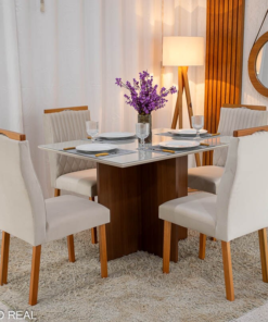 Mesa de Jantar Helo 120×90 Vidro Off/Base Mel Poliman + 4 Cad. Genova Veludo Bege 512 Madeira - Art Assento