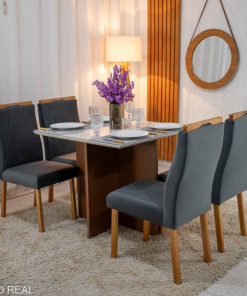 Mesa de Jantar Helo 90×90 Vidro Off/Base Mel Poliman + 4 Cad. Lisboa Veludo Cinza 507 Madeira - Art Assento