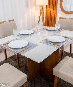 Mesa de Jantar Helo 120×90 Vidro Off/Base Mel Poliman + 4 Cad. Isabela Linho Bege 01 Madeira Maciça KM Decor - Entregue Montada - Imagem 2