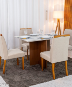 Mesa de Jantar Helo 120×90 Vidro Off/Base Mel Poliman + 4 Cad. Isabela Linho Bege 01 Madeira Maciça KM Decor - Entregue Montada - Imagem 3
