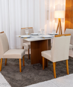 Mesa de Jantar Helo 120×90 Vidro Off/Base Mel Poliman + 4 Cad. Isabela Linho Bege 01 Madeira Maciça KM Decor - Entregue Montada