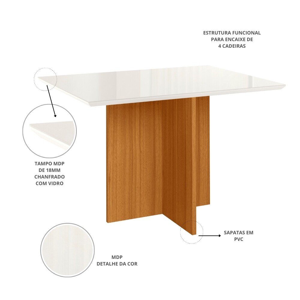 Mesa de Jantar Helo 120×90 Vidro Off/Base Freijó - Poliman - Imagem 2