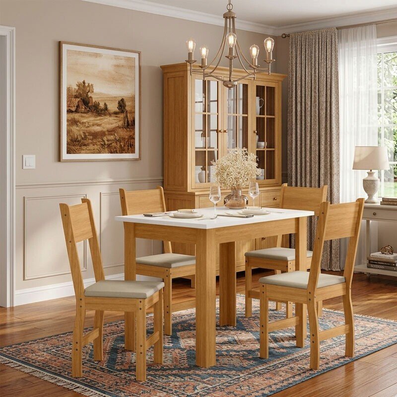 Mesa de Jantar Bellagio 108x68 Freijó UV/Tampo Off White + 4 Cad. Milano Freijó UV/Savana - Poliman