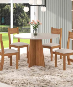 Mesa de Jantar Flipp Tampo Redondo Off White 90x90 com 4 Cadeiras Brisa Bronze Assento Linho Viero