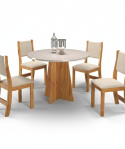 Mesa de Jantar Flipp Redonda 90cm Off White + 4 Cad. Sol Assento Linho Bronze - Viero