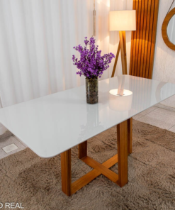 Mesa de Jantar Pedro 160x80 Vidro Off/Base Madeira Art Assento - Entregue Montada - Imagem 3